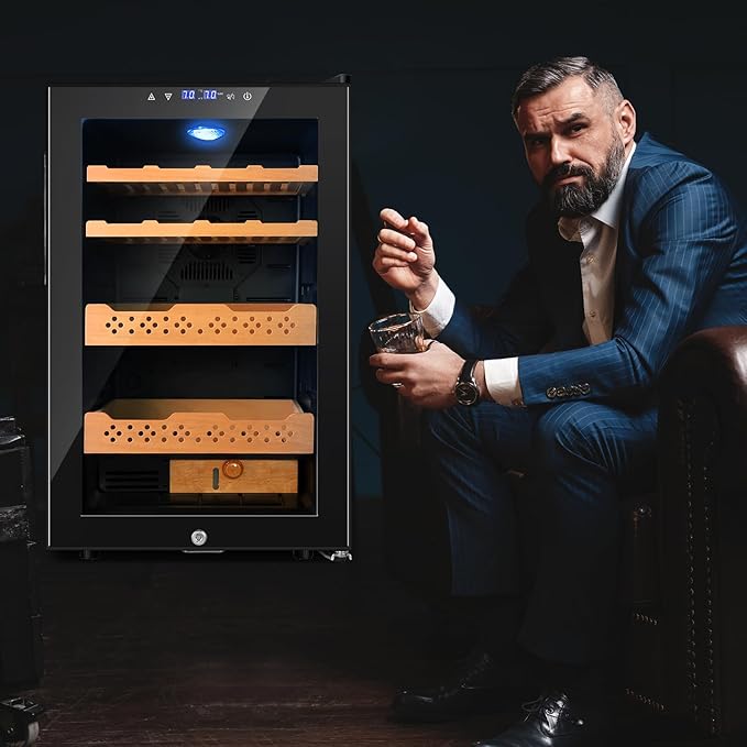 70L Electric Humidor – Large Capacity 400 Count Electric Humidor Cooler | Smart Temperature & Humidity Control | Spanish Cedar Wood Shelves, Digital LED Screen & Safety Lock | Gift for Men