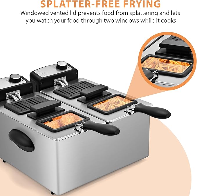 SUSTEAS Deep Fryer, 2 Baskets Electric Oil Fryer with 5.4QT/6L,3000W Timer Control Adjustable Temperature, Lid with Viewing Window and Odor Free Filter, Stainless Steel, Perfect for Kitchen, Fry Fish