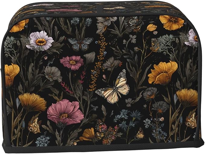 2 Slice Toaster Cover for Kitchen Flower Vintage Butterfly Botanical Waterproof Dustproof Toaster Dust Cover with Side Pockets Decorative Universal Cover for Wide Slot Toasters Small Appliances
