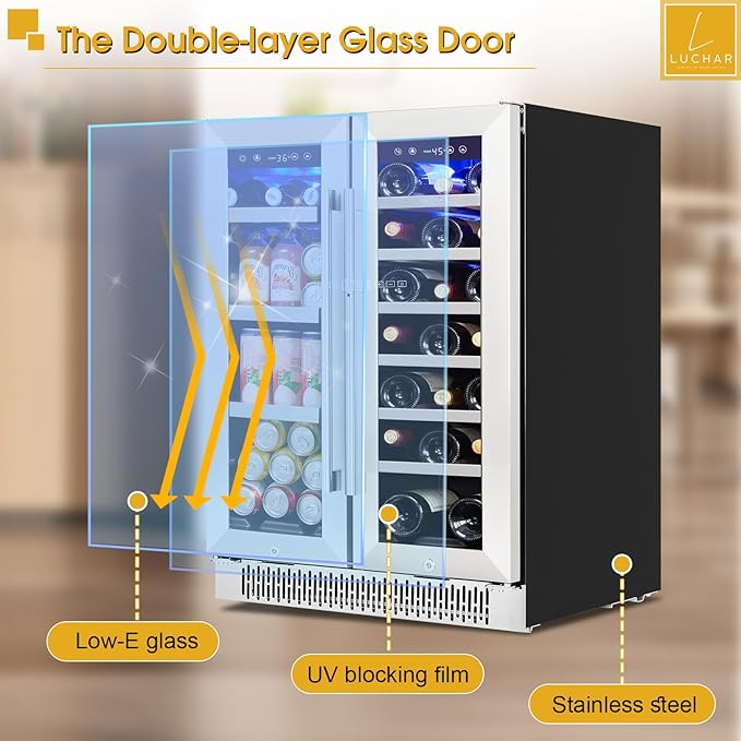 24 Inch Wine and Beverage Refrigerator, Dual Zone Wine and Drink Fridge with Glass Door&Lock for 20 Bottles and 60 Cans, Under Counter Wine Cooler Refrigerator Built-in Counter or Freestanding