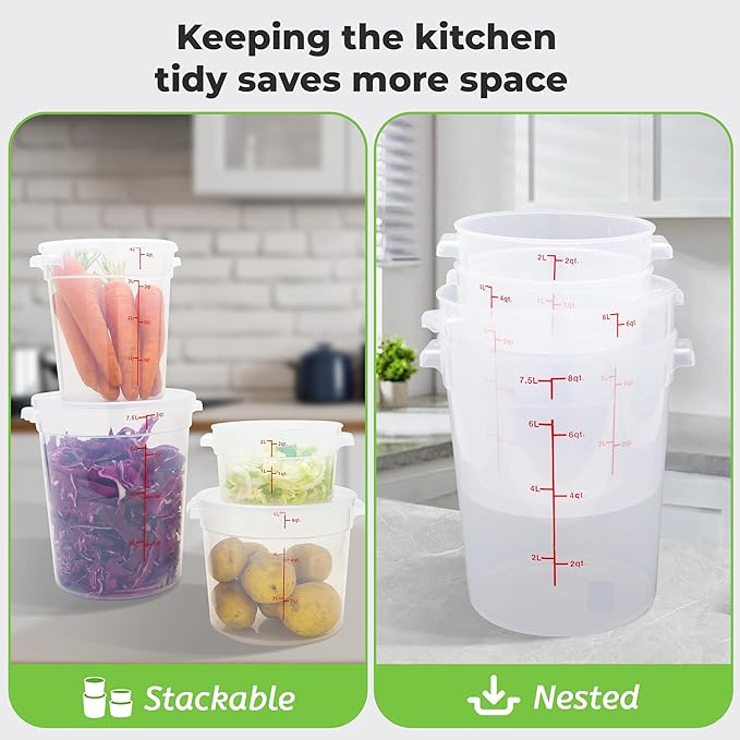 4 Pack Round Food Storage Containers with Lids, 18Qt Translucent Commercial Food Container, Polypropylene, BPA Free, Includes Labels & Measuring Cups