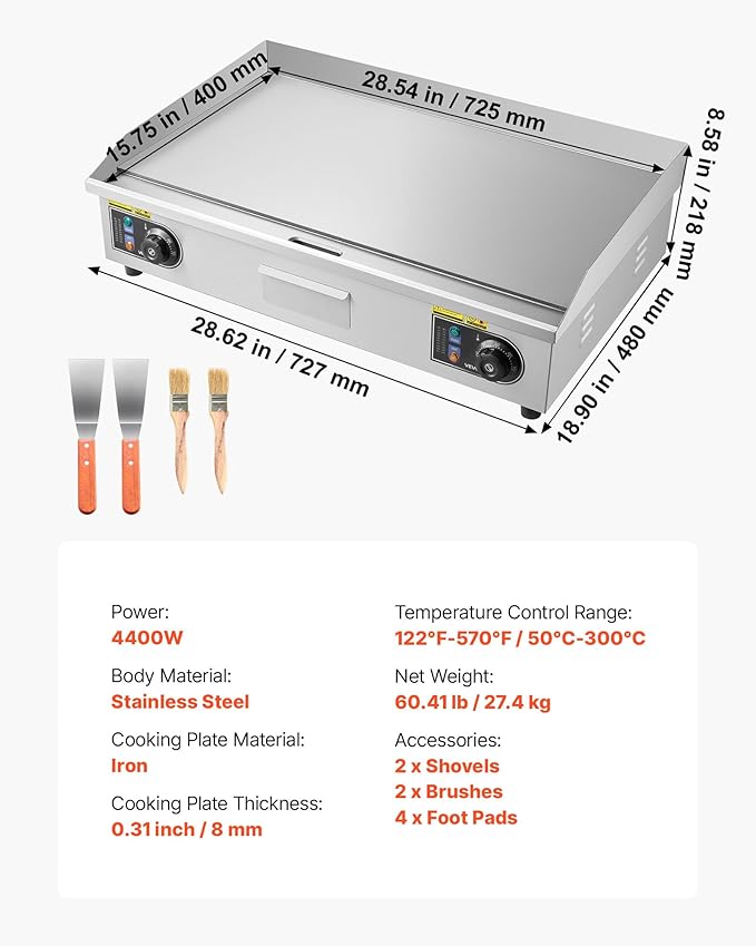 VEVOR Commercial Electric Griddle, 28.54 x 15.75 in, 2800W, 122-570°F Adjustable Temp Control, Stainless Steel Countertop Flat Top Grill with 2 Spatulas, 2 Brushes, 4 Foot Pads, for Steak(NO PLUG)