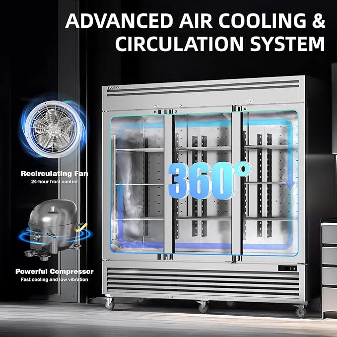 Coolski Commercial Freezer 82" W, 72 Cu.ft Stainless Steel Reach In Upright Freezer 3 Door, Auto-Defrost, 12 Adjustable Shelves, -13 to -5℉ Temp Control, LED Light, 5 Wheels