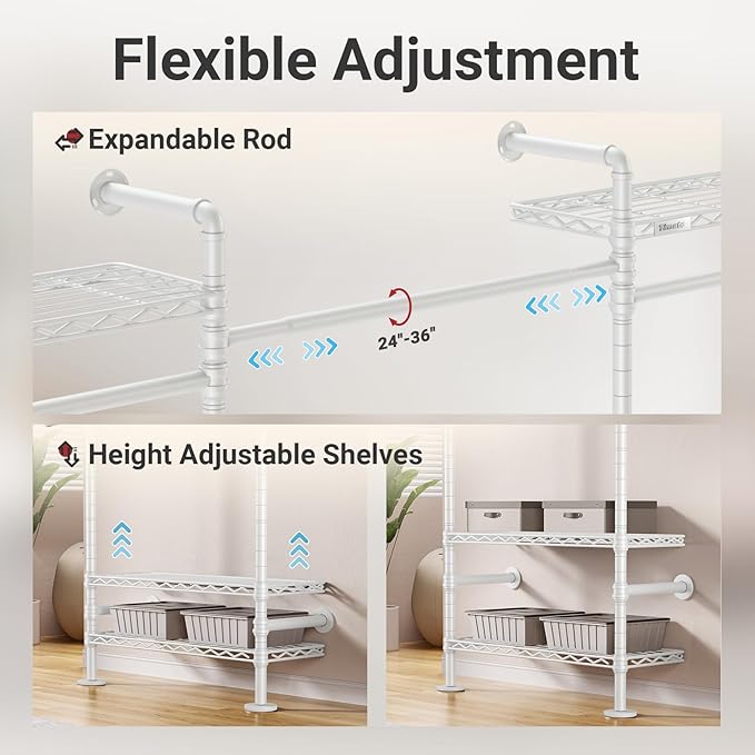 Timate F3 Garment Rack Heavy Duty Clothes Rack for Hanging Clothes, Expandable Industrial Pipe Wall Mounted Clothing Rack, Adjustable Storage Closet Wardrobe Closets System, White