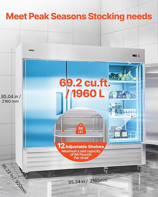 VEVOR Commercial Reach-In Refrigerator 85" W, 69 Cu.Ft Stainless Steel Upright Refrigerator with Three Doors, Auto-Defrost, 12 Adjustable Shelves, 32 to 50℉ Temp Control, ETL Certified
