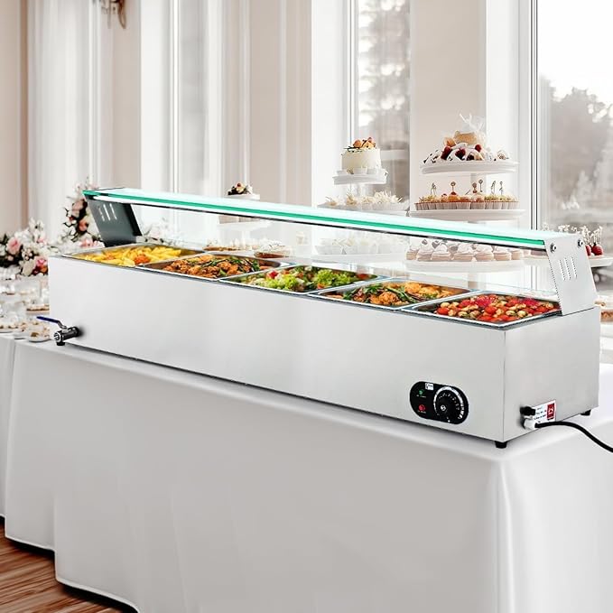 5-Pan Commercial Electric Food Warmer 60QT Stainless Steel Buffet Bain Marie with Tempered Glass Shield for Catering and Restaurants