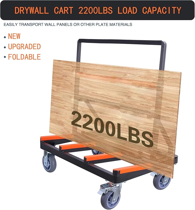 Folding Drywall Cart Heavy Duty,Panel Cart Load 2200 lbs Capacity,Drywall Dolly with Rubber Swivel Casters,Panel Dolly Handling Plywood Sheetrock Glass and Windows Service