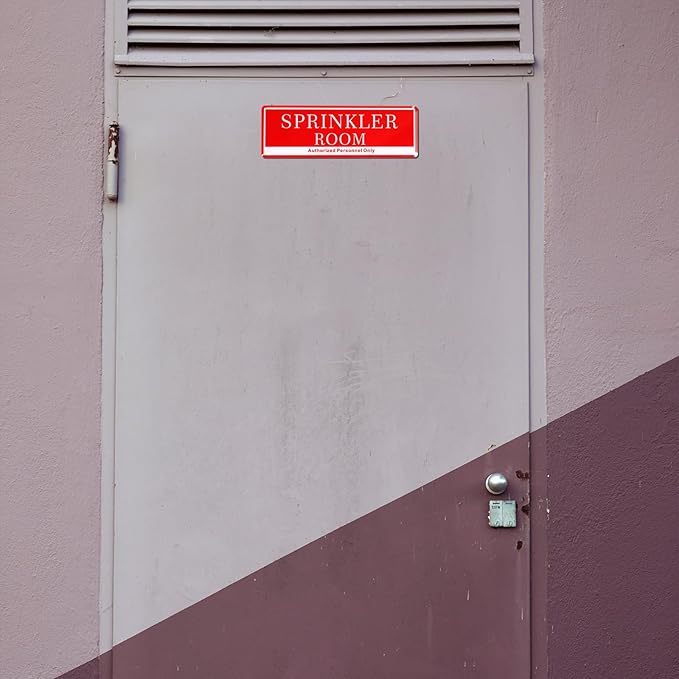 Sprinkler Room Sign – Acrylic Red & White Door Sign with Rounded Corners, Durable Fire Safety & Plumbing Signage for Buildings, Construction Sites, Fire Dept Use | 9x3 Inch | Self-Stick |