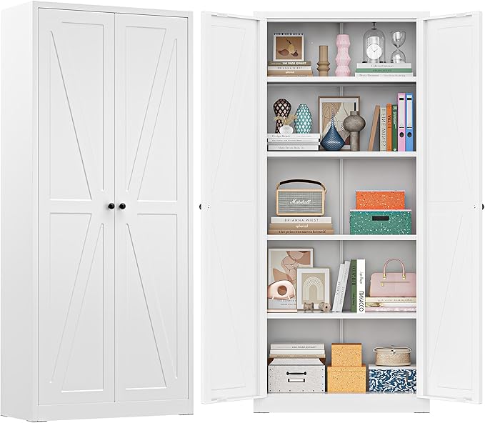 Greenvelly Metal Cabinet, 63" H White Metal Storage Cabinet with Doors and 4 Shelves, Pantry Storage Cabinet for Kitchen, Bedroom, Living Room, Office (Farmhouse)