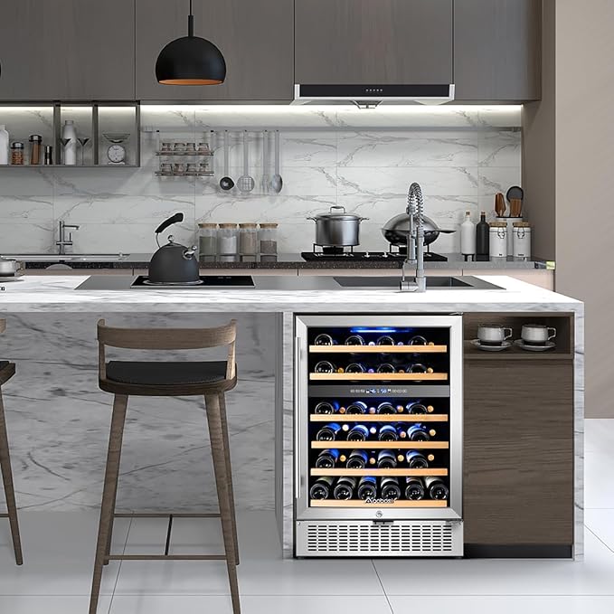 AAOBOSI Wine Fridge - 24-inch Dual Zone Wine Cooler Holds 51 Bottles, 41-64.4°F Wine Cooler Fridge with Digital Touch Screen, Built-in or Freestanding Fridge，for Home，Restaurant, Bar