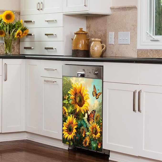 Sunflower Butterfly Dishwasher Magnet Cover Flower Animal Sunflower Dishwasher Decorative Cover Front Dishwasher Door Cover Reuseable Dishwasher Cover Panel Decal for Kitchen Home Appliances 23" X 26"