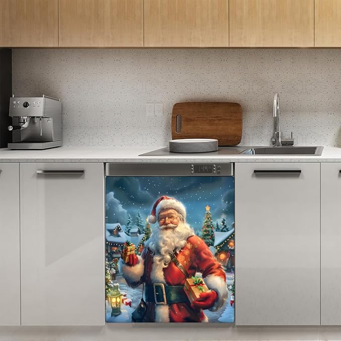 Cute Snow Scene Santa Claus Dishwasher Magnet Cover, Reusable Refrigerator Panel Stickers Microwave Front Door Covers Magnets for Kitchen Home Appliances Holiday Party Decorations 23 X 26 in