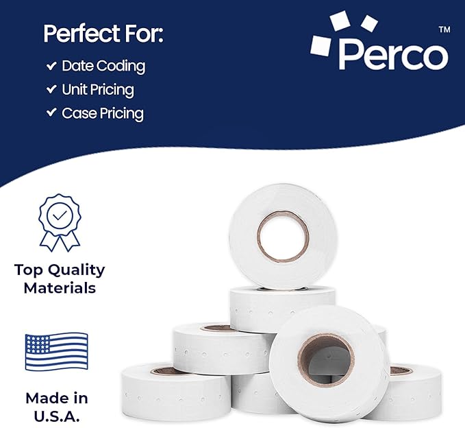 Perco 1 Line White Labels - 8 Rolls, 1 Sleeve, 8,000 Blank Price and Date Gun Labels for Perco 1 Line Price and Date Guns - Made in USA