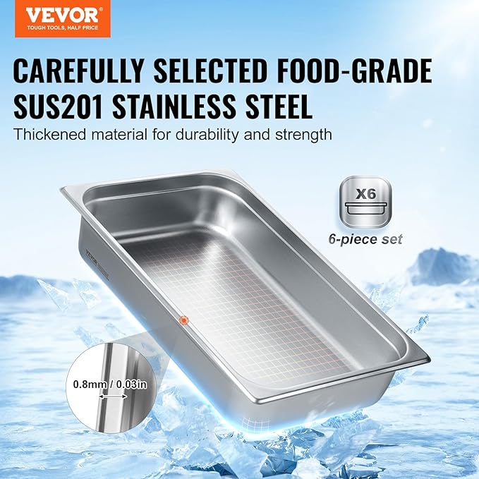 VEVOR 6 Pack Stainless Steel Hotel Pans,Full Size 4 Inch Deep 0.8mm Thick Anti-Jam Commercial Food Pans for Steam Tables, Restaurants, Catering & Industrial Use