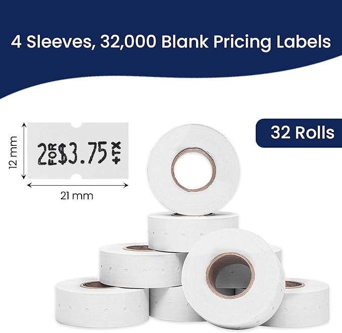 Perco 1 Line White Labels - 32 Rolls, 4 Sleeves, 32,000 Blank Price and Date Gun Labels for Perco 1 Line Price and Date Guns - Made in USA