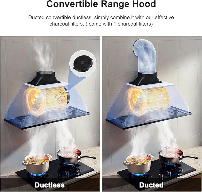 HisoHu Built-in/Insert Range Hood 900 CFM, Ducted/Ductless Convertible Duct, Stainless Steel Kitchen Vent Hood with 2 Pcs Adjustable Lights and 3 Pcs Baffle Filters (black, 36 inch)