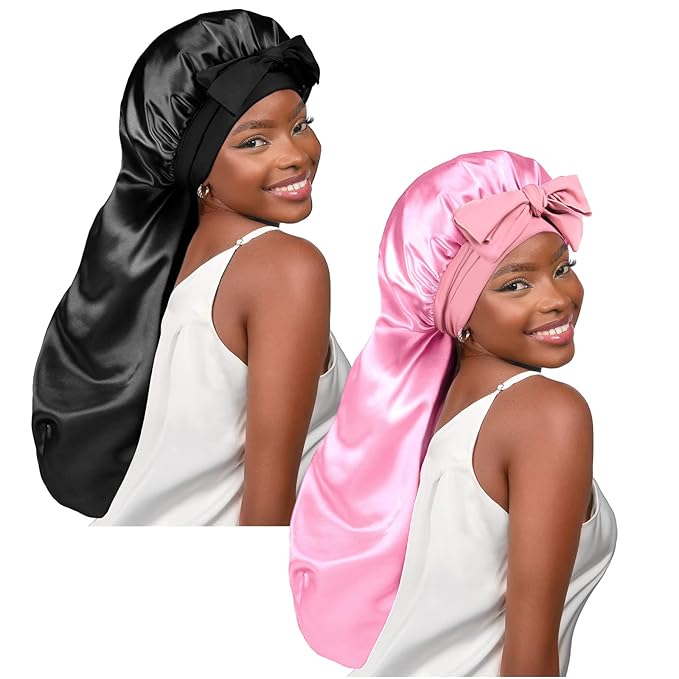 YANIBEST 2Pcs Silk Bonnet for Sleeping Braid Bonnet for Long Hair with Tie Band for Black Women Curly Hair Locs, Black&Pink