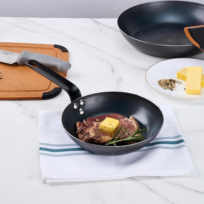 Restaurantware-Met Lux 8 Inch Fry Pans, 6 Lightweight Frying Pans - Induction-Ready, Triple-Riveted, Black Carbon Steel Cooking Skillets, Durable, For Searing, Sauteing, And Browning Food