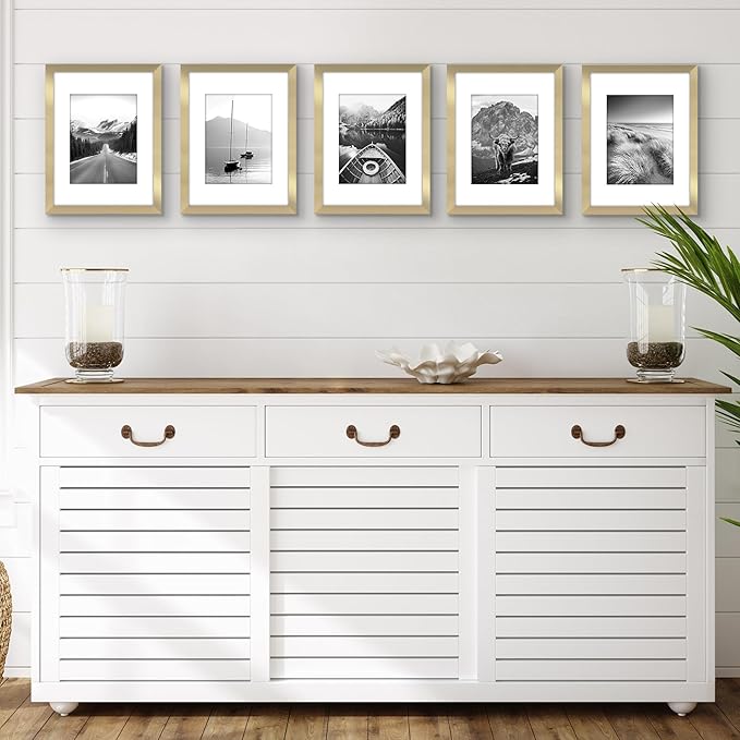 Americanflat 9x12 Picture Frame with Polished Plexiglass - Set of 5 - Use as 6x8 Frame with Mat or Display 9x12 Photo Without Mat - Galleria Collection - Picture Frames for Wall Display - Gold