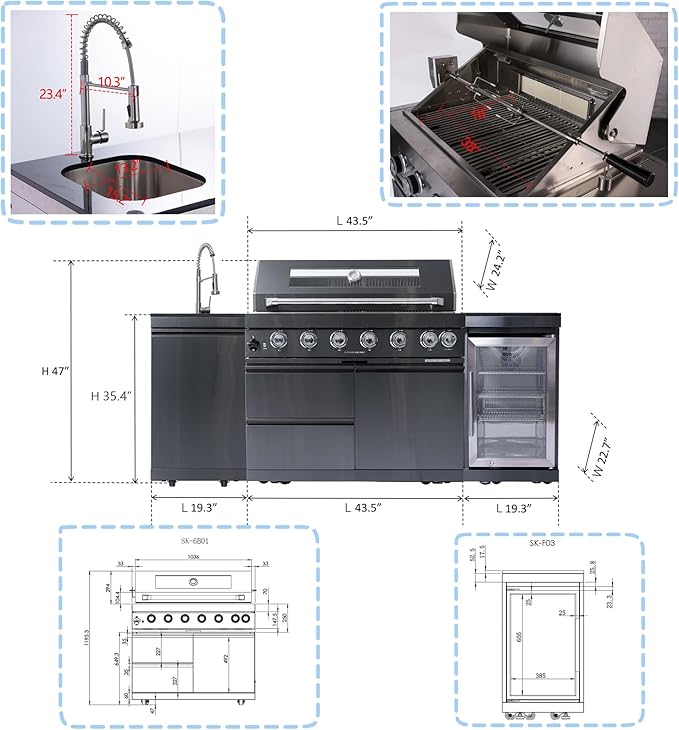 Outdoor Kitchen Island, 82 Inch 85000 BTU Gas Grill Combination With Refrigerator and Sink, Outdoor Stainless Steel Barbecue Bar, Natural Gas Barbecue Grill for Patios, Gardens, Parties