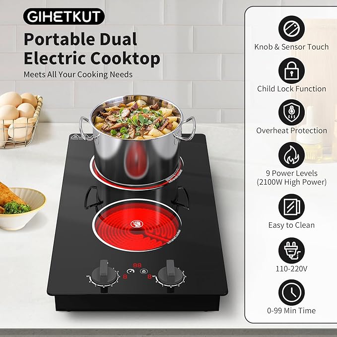 Electric Cooktop,110V 2100W Stove top,Countertop and Built-in 2 burner cooktop,9-speed power, child safety lock, timer, knob and touch control 2 burner Electric cooktop
