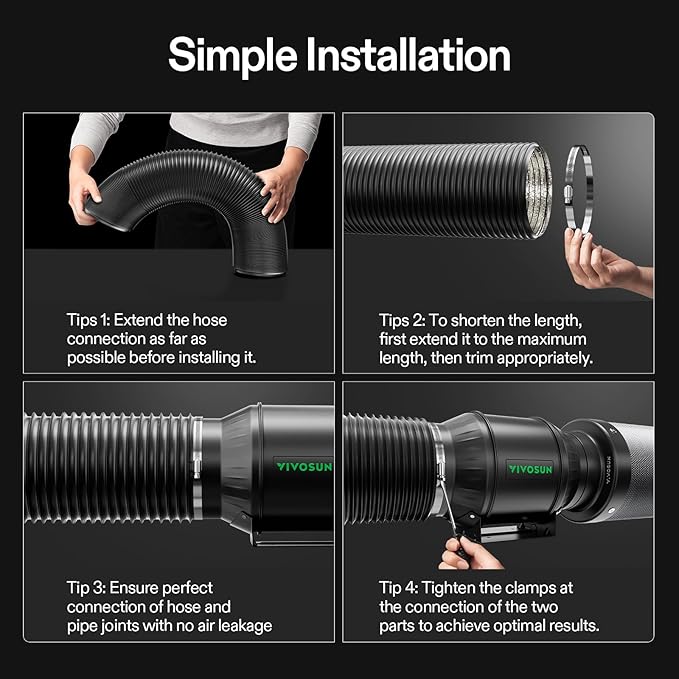 VIVOSUN 6 Inch Black Flex Air Aluminum Ducting for HVAC Ventilation, 25 FT Non-Insulated Duct Hose with 2 Clamps, Multi-Layer Exhaust Fan Duct for Grow Tents, Duct Fan Systems