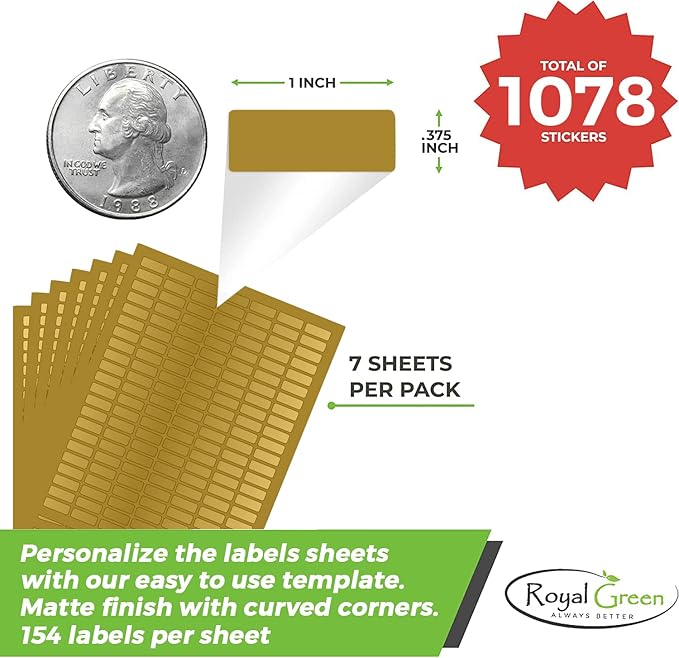 Metallic Labels Printable Sticker Paper Sheets for Printers in Metallic Gold, Small Printing Labels 1 inch x 0.375 inch for Laser Printers with Template Included, 7 Full Sheets - 1078 Pack