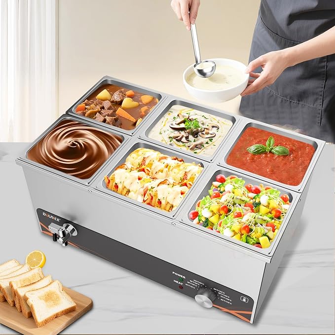 Commercial Food Warmer, 6 Pan 25QT Bain Marie Stainless Steel Electric Food Warmers, 1500W Buffet Warmer Soup Warmer with Temperature Control, Tap, Soup Spoon, for Catering Parties Restaurants