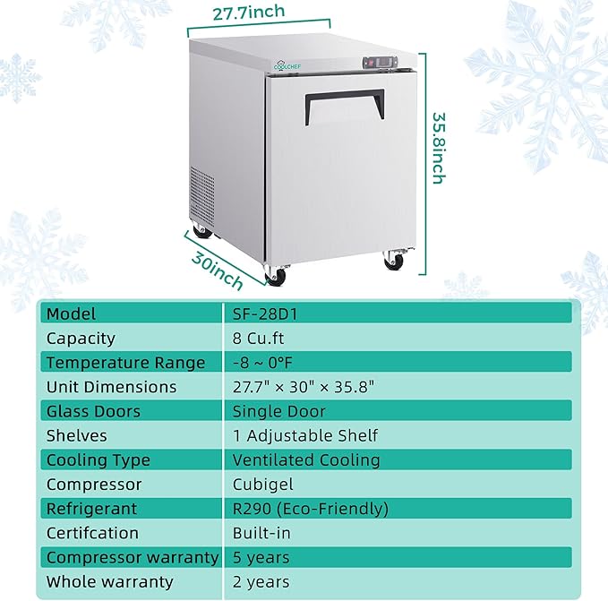 28" Commercial Worktop Freezer, 8 Cu.ft Single Door Stainless Steel Undercounter Freezer, -8–0°F, R290