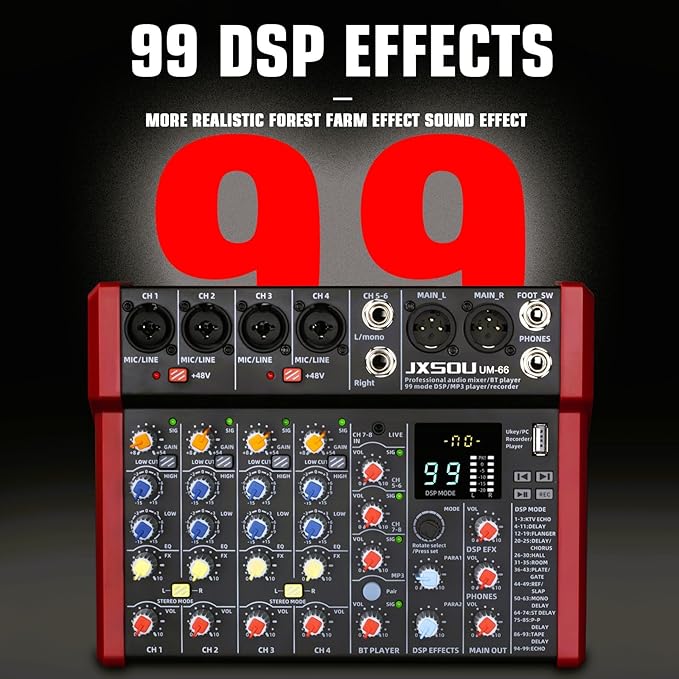 6-Channel Audio Mixer, DJ Controller Sound Board Console with 99 DSP Effects, Bluetooth Mixer Input 48V Phantom Power Stereo USB XLR Mixer For Karaoke Studio PC Recording