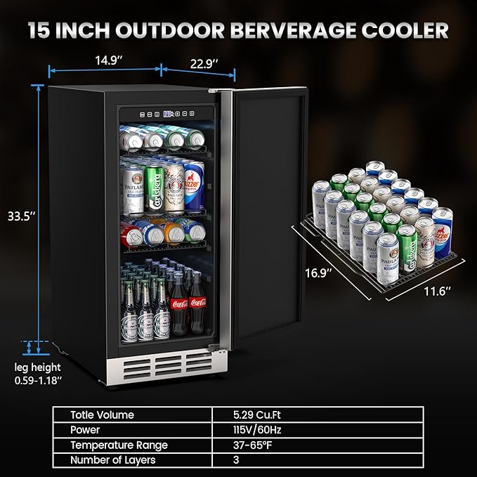 15 Inch Outdoor Beverage Fridge, Weather Proof Stainless Steel Beverage Cooler Under Counter Beer Fridge, Indoor/Outdoor Beverage Refrigerator for 80 Cans, Built-in/Freestanding