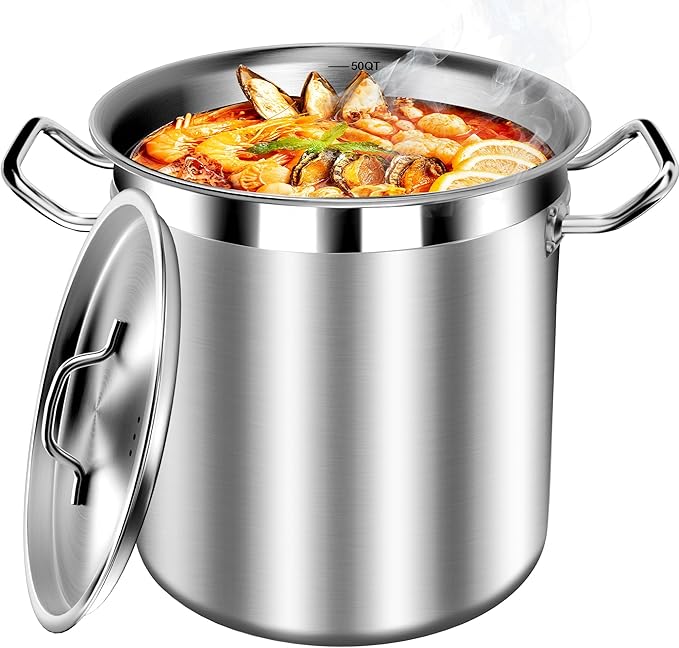 Commercial Grade Large Stock Pot - Soup Pot with Lid - Non-Nickel Stainless Steel - Healthy Cookware Polished Stockpots - Heavy Duty - 50 Quart (12.5Gallon)
