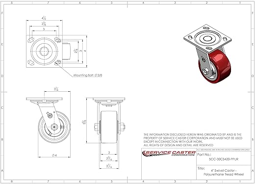 Service Caster Brand Replacement Caster for Uline Caster H-6612S - Swivel Top Plate Caster with 4 Inch Polyurethane Wheel - Heavy Duty Replacement Caster - Fits Platform, U-Boat and Trucks H-4168