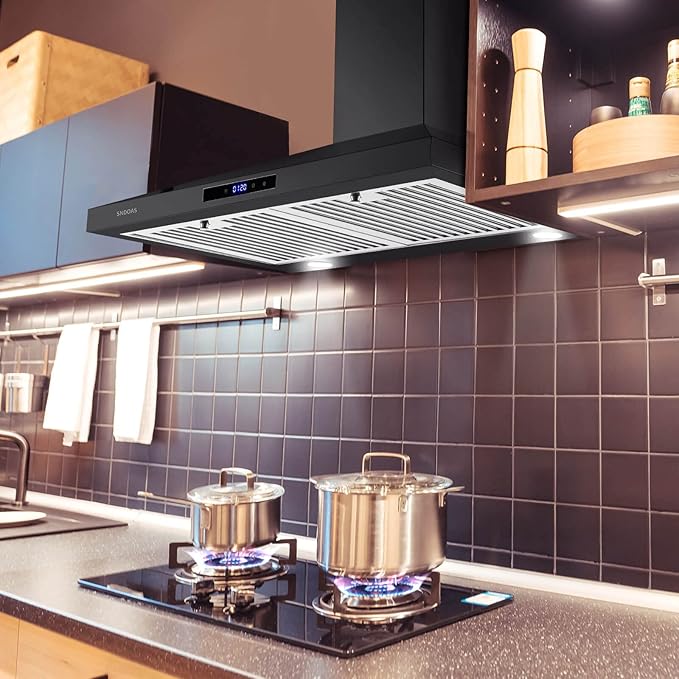SNDOAS Black Range Hood 30 Inch,Stainless Steel Wall Mounted Kitchen Hood with Touch Controls, Ducted/Ductless Convertible,Chimney-Style Stove Hood Vent for Kitchen,Baffle Filters,Black Painted Finish