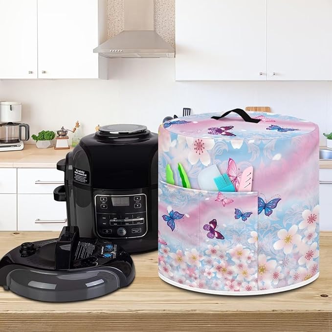 Pink Butterfly Kitchen Appliance Dust Covers Blue Butterfly Cover for Appliances Flower Fryer Dust Covers Pot Covers with Handle and Pocket Rice Cooker Covers Dust-Proof