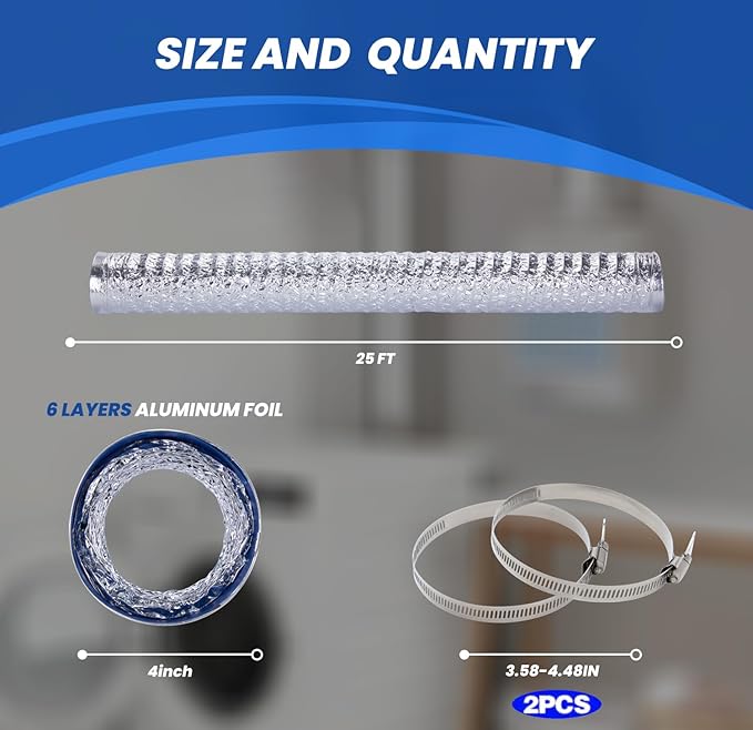 Dryer Vent Hose 4 Inch x 25FT - Flexible Aluminum Dryer Hose with 2 Clamps - Heavy-Duty 6-Layer Dryer Vent Hose for Tight Spaces, HVAC, Bathroom, and Kitchen Exhaust Ventilation