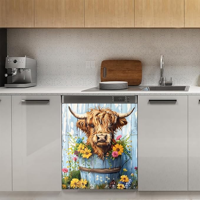 Highland Cow Flower Pot Wood Dishwasher Magnet Cover, Reusable Refrigerator Panel Stickers Microwave Front Door Covers Magnets for Kitchen Home Appliances Holiday Party Decorations 23 X 26 in