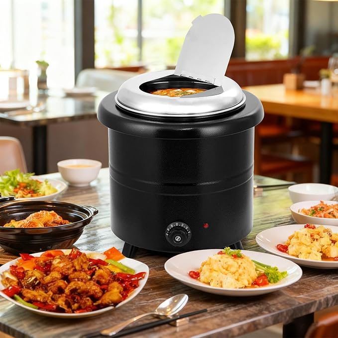 13.7QT Electric Soup Warmer Kettle - Commercial Detachable Insert Soup Pot with Adjustable Temperature, Hinged Lid & Multi-Food Use (Soup/Porridge/Dishes/Milk), Black for Restaurant/Buffet