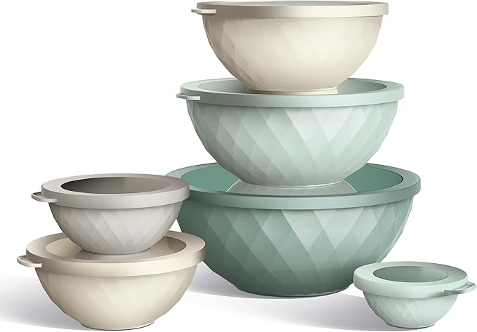 COOK WITH COLOR Mixing Bowls with Lids - 12 Piece Plastic Nesting Bowls Set includes 6 Prep Bowls and 6 Lids, Diamond Design - Microwave Safe, Mint