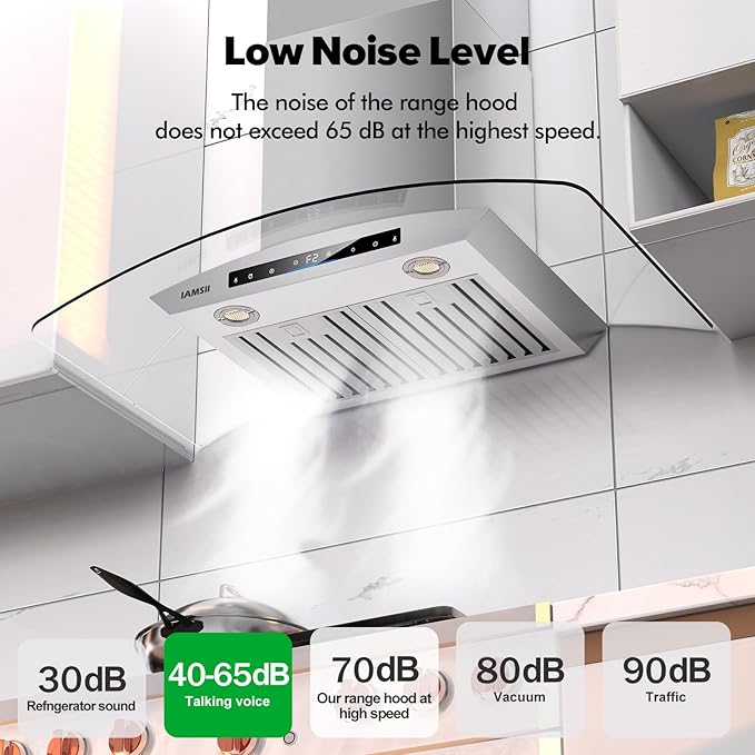 30 inch Wall Mount Range Hood 900 CFM Ducted/Ductless Convertible, Kitchen Chimney Vent Stainless Steel with Gesture Sensing & Touch Control Switch Panel, 2 Pcs Adjustable Lights