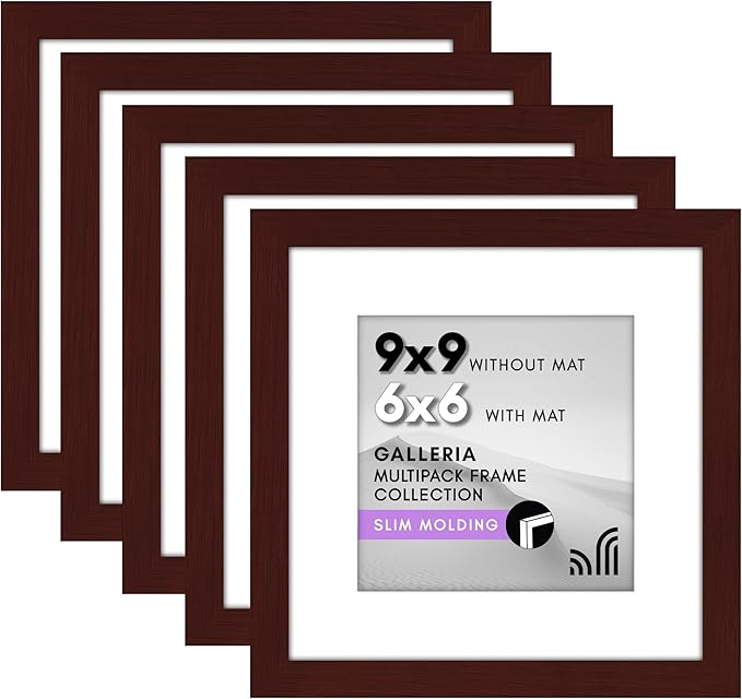 Americanflat 9x9 Picture Frame with Polished Plexiglass - Set of 5 - Use as 6x6 Frame with Mat or Display 9x9 Photo Without Mat - Galleria Collection - Square Frames for Tabletop and Wall - Mahogany