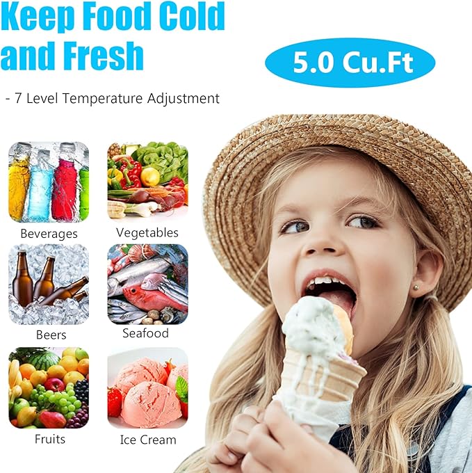 Chest Freezer 5.0 Cu.Ft Black Compact Freezer, Manual Defrost Deep Freezer with Storage Basket, Space-Saving Flat Back, Stay-Open Lid, Side-Access Drain for Home Basement Cottage Business