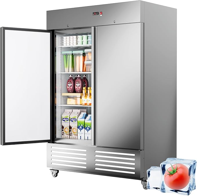 Commercial Refrigerator 54"W 2 Door Stainless Steel Reach-in Solid Door Upright Fridge Fan Cooling 49 Cu.ft Refrigerators 32-47°F for Restaurant, Bar, Shop