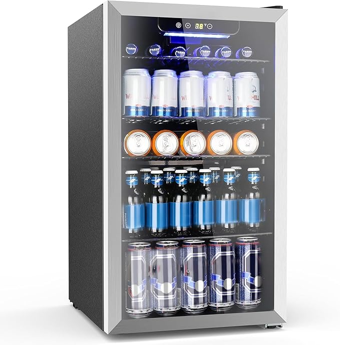 Mini Fridge 130 Can Beverage Refrigerator Cooler, 3.1 Cu.Ft Drink Fridge Silver Glass Door for Soda Wine Beer, Digital Temperature Control Cooler for Home,Bar