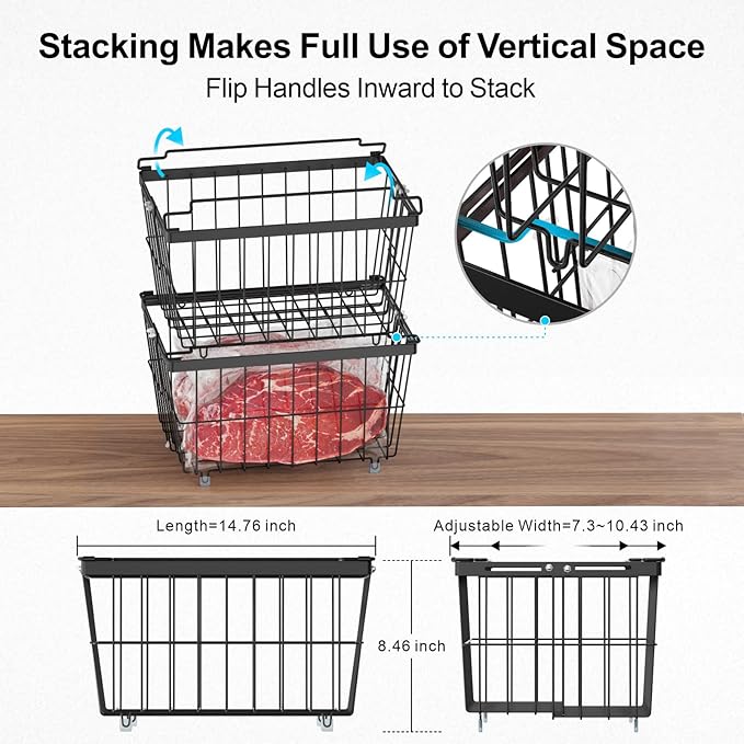 iSPECLE Freezer Organizer Bins - 6 Pack Adjustable Width for 5 to 7 Cu.Ft Chest Freezers, Stackable Freezer Wire Storage Baskets for Deep Freezer Organization, Assembly Required, Black