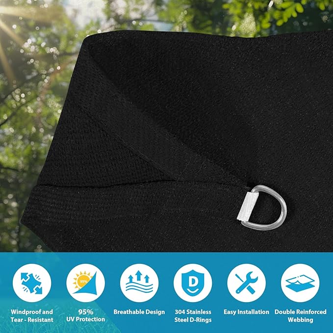 Amagenix Sun Shade Sail 15'X15'X15' Curved Edge Outdoor Shade Canopy Black Breathable 95% UV Block Shade Cloth for Patio Garden Backyard (We Make Custom Size)
