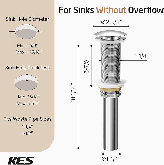KES Polished Chrome Bathroom Sink Drain with Extended Thread, All Metal Pop Up Drain Stopper without Overflow for Thicker Vessel Sinks and Countertops, Brass and Stainless Steel, S2022D-CH
