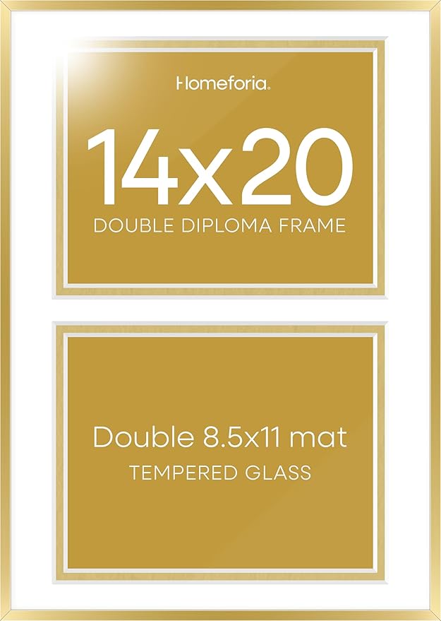 Homeforia 14x20 Double Diploma Frame Gold, High End Metal 14 x 20 Certificate Frames with Mat for Two 8.5x11 inch Diplomas, 20x14 Dual Award Graduation Matted Frame, Tempered Glass, Wall Kit, Set of 1