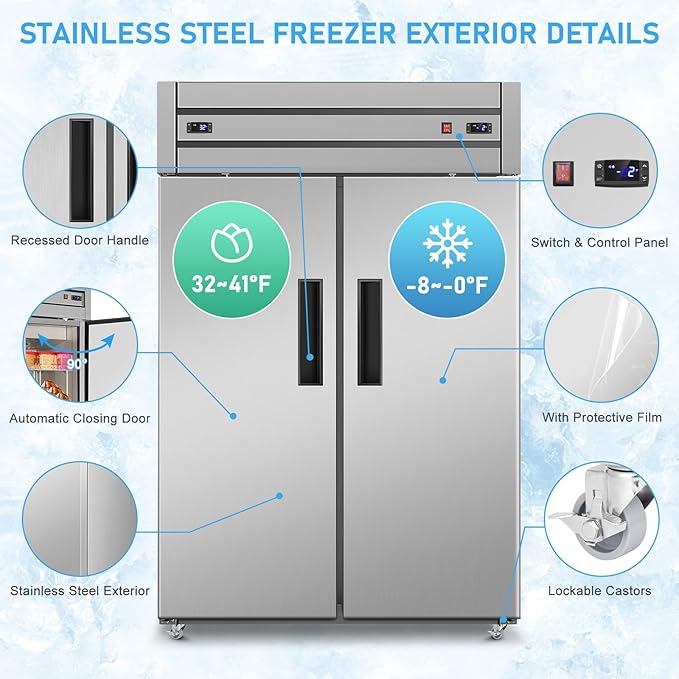 Commercial Refrigerator Freezer Combo, 47"W Upright Freezer Dual Zone, 35 Cu.Ft Standup Freezer Stainless Steel, Reach-in Cooling for Kitchen, Restaurant