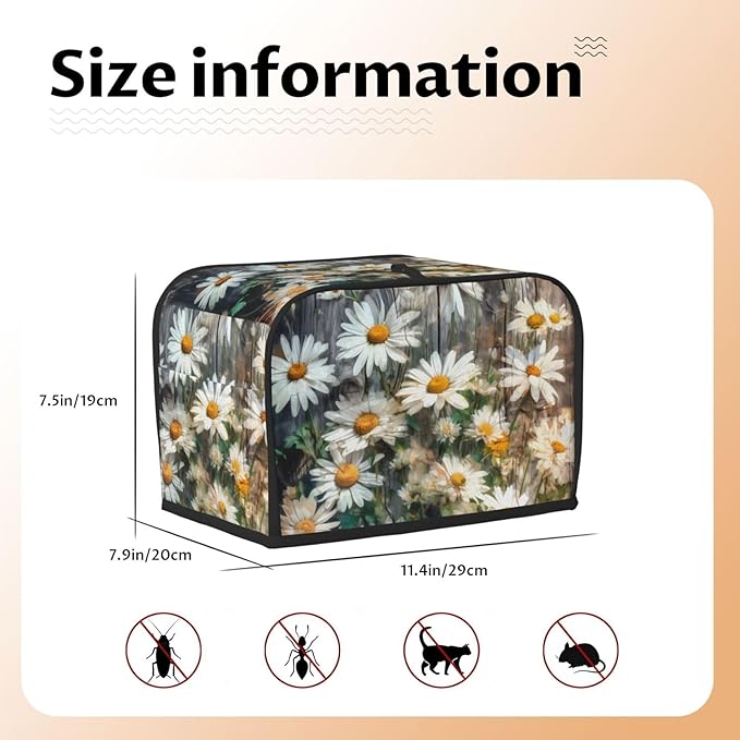 Toaster Cover 2 Slice with Pockets, Farmhouse White Daisy Nature Botanical Plant Wooden Board Kitchen Accessories Decor Bread Maker Oven Protector Covers Dust Proof Fingerprint Covers